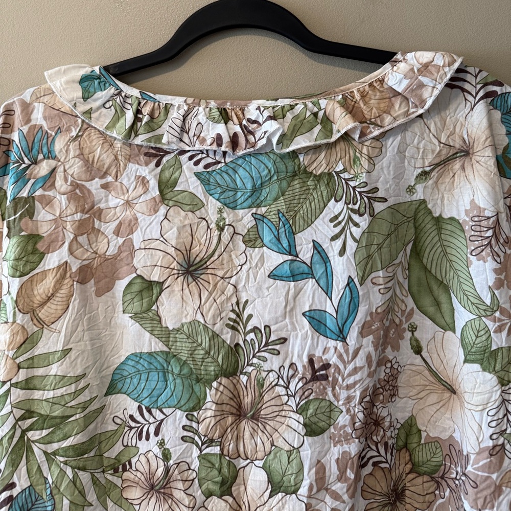 Caribbean Joe Cream w/Brown/Turquoise/Green/Tan Tropical Floral Print Top - Picture 11 of 12